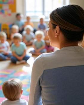 Imagen de una educadora en clase con sus alumnos